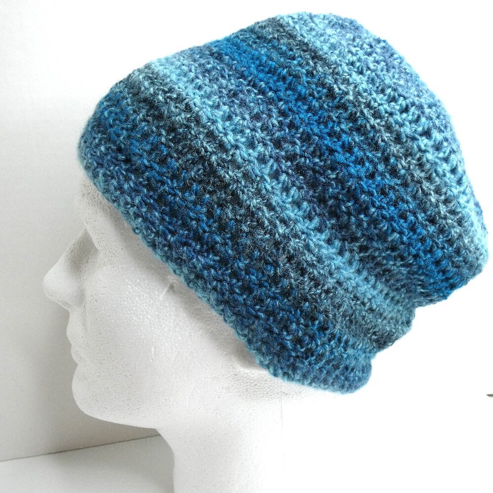 Multicolor Blue Baggy Beanie OS Warm Winter Hat Handmade Crochet Hand Knit Gift
